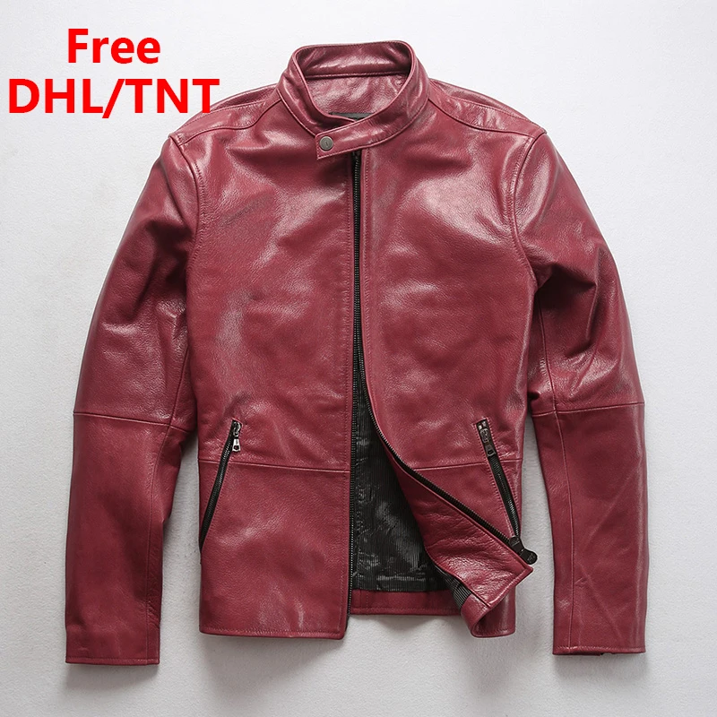 

Men's Sheep Leather Jacket 100% Genuine Leather Spring Vintage Red Sheepskin Coat Classic Jackets Male Fast Ship Free DHL/TNT
