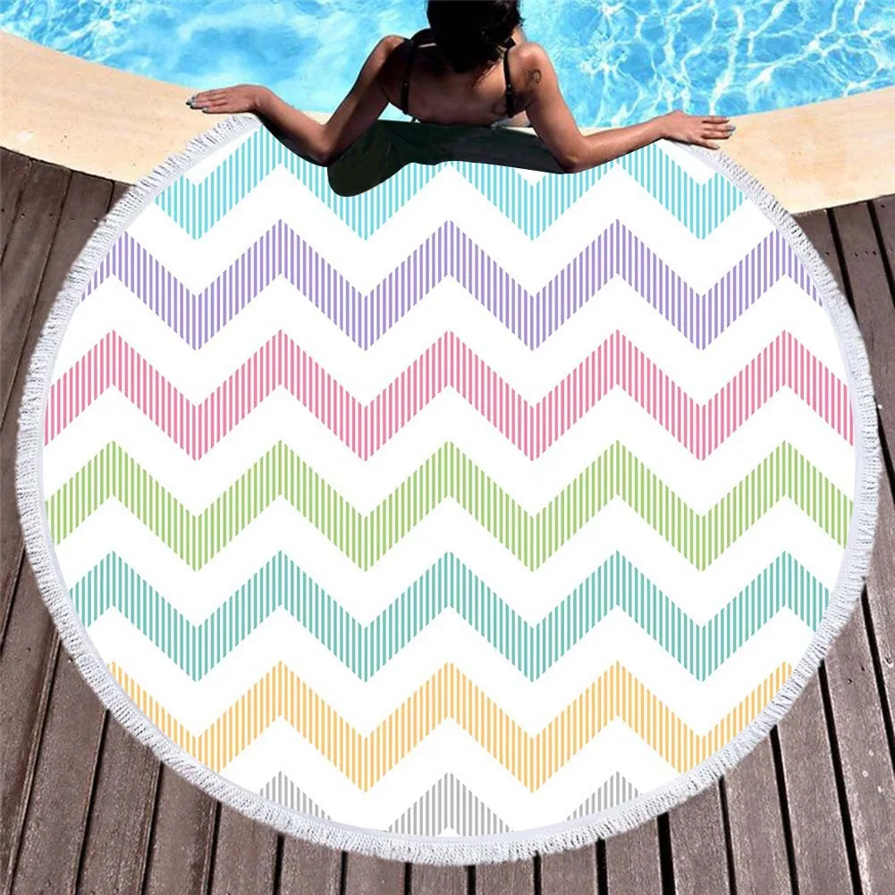 

2019 Europe And America 3D Digital Printing Wave Geometry Beach Towel Superfine Fibre Circle Tassels Beach Mat