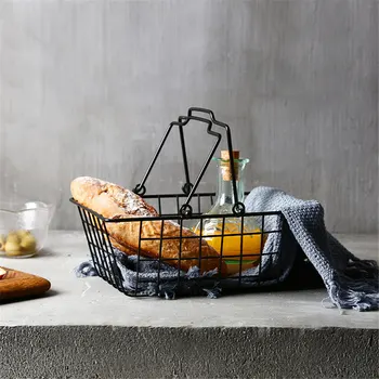 

Nordic Iron Storage Basket Minimalist Bread Fruit Basket with Handle Home Living Room Desktop Snack Geometric Black Basket
