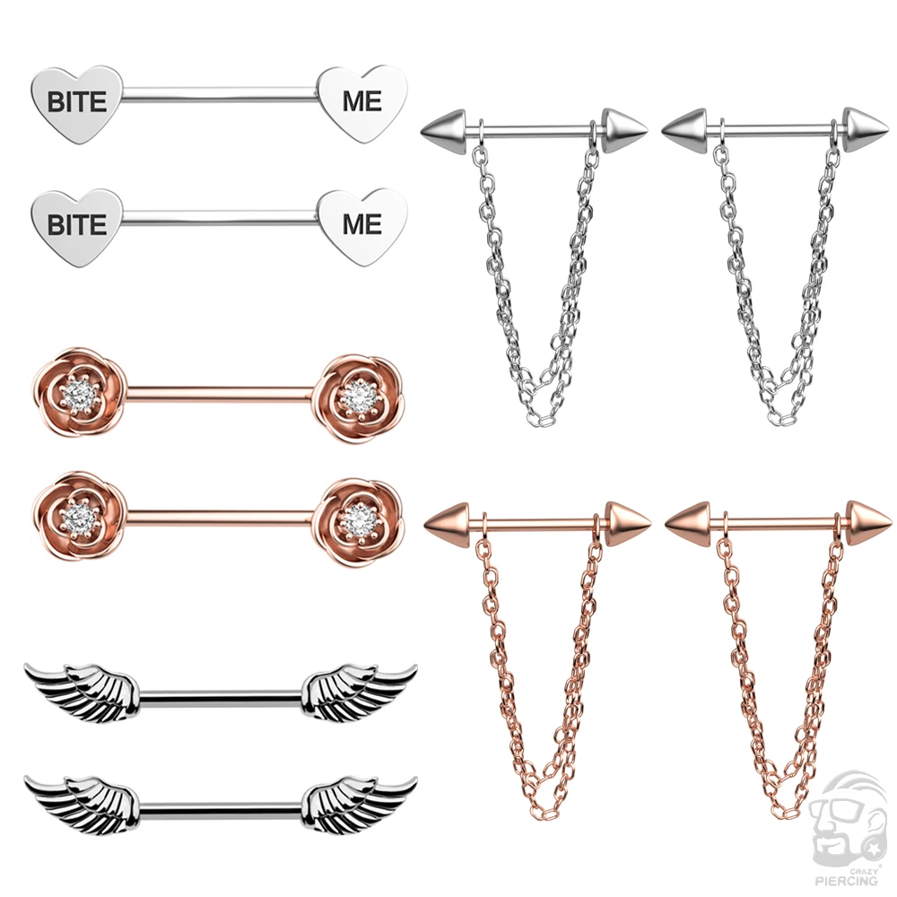 2PCS Titanium Steel CZ Nipple Rings Tongue Barbells 14G Dangle Nipple