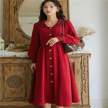 

High quality red plus velvet dress autumn and winter new French retro Christmas New Year red