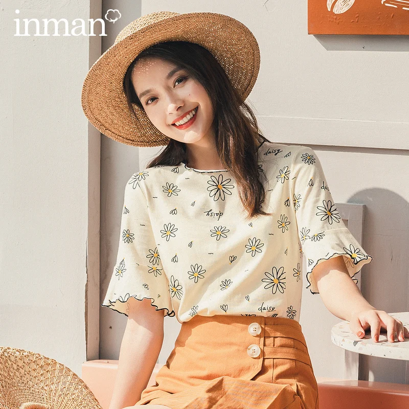 

INMAN 2020 Summer New Arrival Short Sleeve 100% Cotton Trumpet Sleeve Daisy Print Pattern T-Shirt