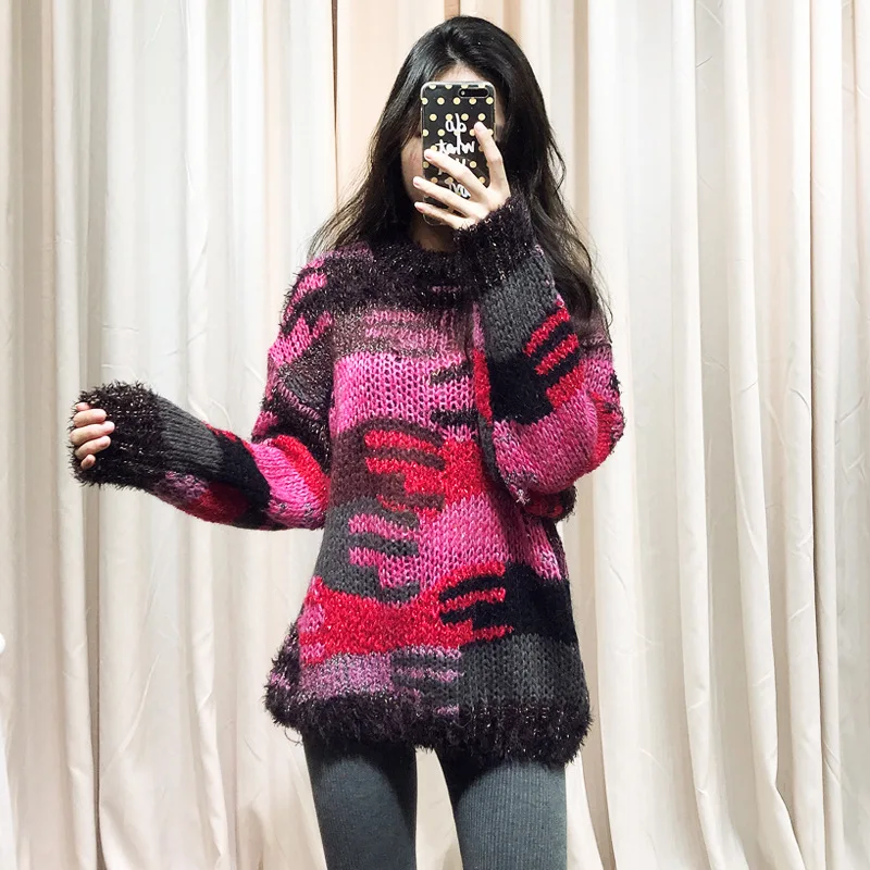 

2019 New Autumn Sweater Color Camouflage Bright Silk Color Semi-high Round Collar Sleeve Wool Knitted Sweater Women Woolen Tide