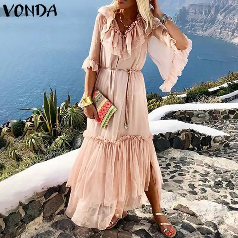 VONDA, летнее платье, женское, Ретро стиль, рукав, оборки, вечерние, макси, длинное платье,, богемное, праздничное, Vestidos, размера плюс, сарафан