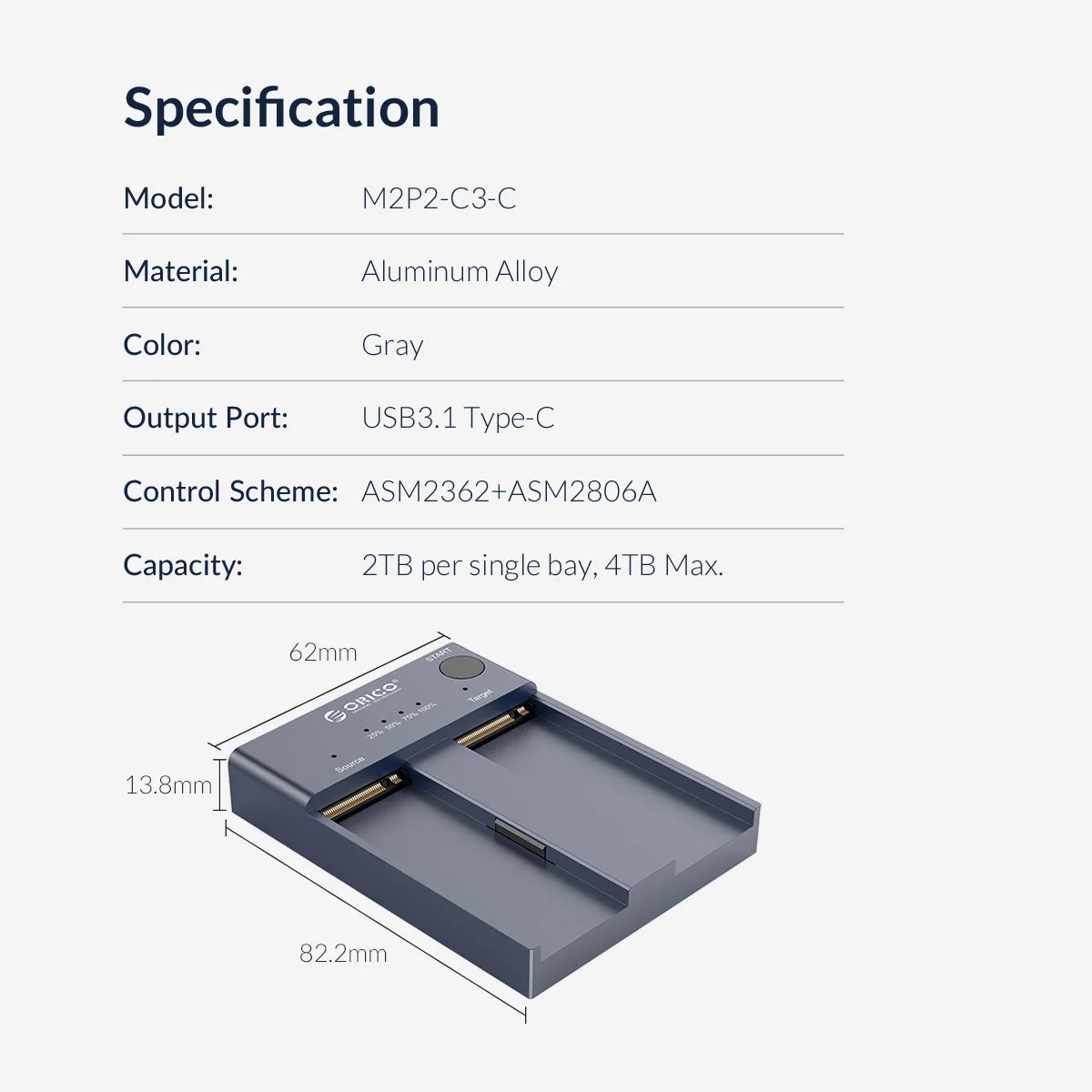 2.5 hdd box ORICO 10Gbps Dual Bay M.2 NVME SSD Enclosure Offline Clone USB C 3.1 Gen2 For M Key/M+B Key NVME PCIe Support Hard Drive Max 4TB baseus hdd case 2.5 sata