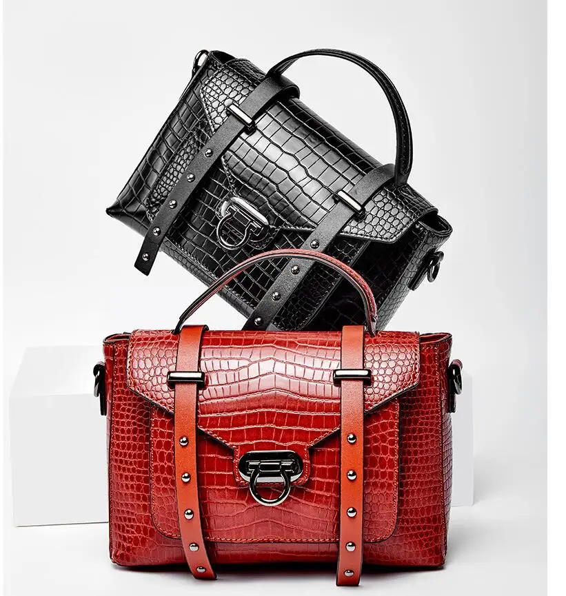 Fashion Women Genuine Leather Handbags Vintage Crocodile Pattern Cowhide Ladies Shoulder Bag Lock Rivets Girls Messenger Bags