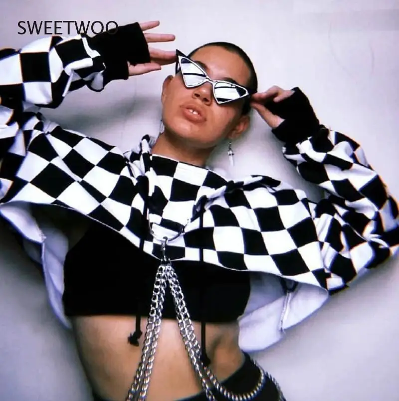 Women Hoodies Sexy Gothic Punk Chain Crop Top Hooded Pullover Sweatshirt Cosplay Casual Tops