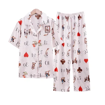 

Ladies Summer Satin Pajamas Short-sleeved Long Trousers Home Clothee Printing Pahamas for Women Summer Loose Pijama Mujer