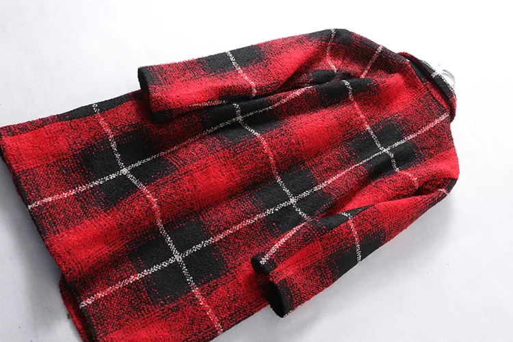 Qk16 Autumn And Winter WOMEN'S Dress V Collar Coat Double Breasted Straight-Cut Loose-Fit Woolen Red Grid Tweed