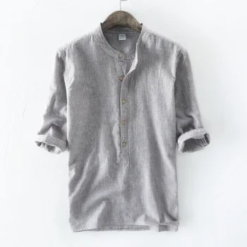 

2020 New Brand Men Striped Cotton Linen Shirt Fashion Half Slleve Button Casual Shirts Slim Gift High Quantity Camisa Masculina