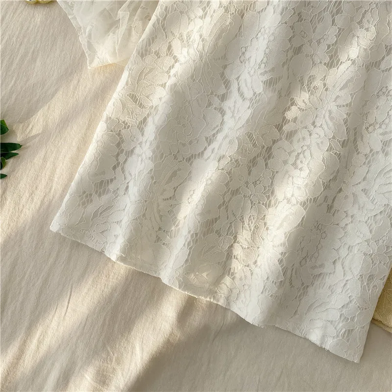 Neploe, винтажная кружевная рубашка, сетка, пэчворк, короткий рукав-фонарик, блузки, осень, новинка, милые блузы, молния сзади, Круглый ворот, женские топы 56081