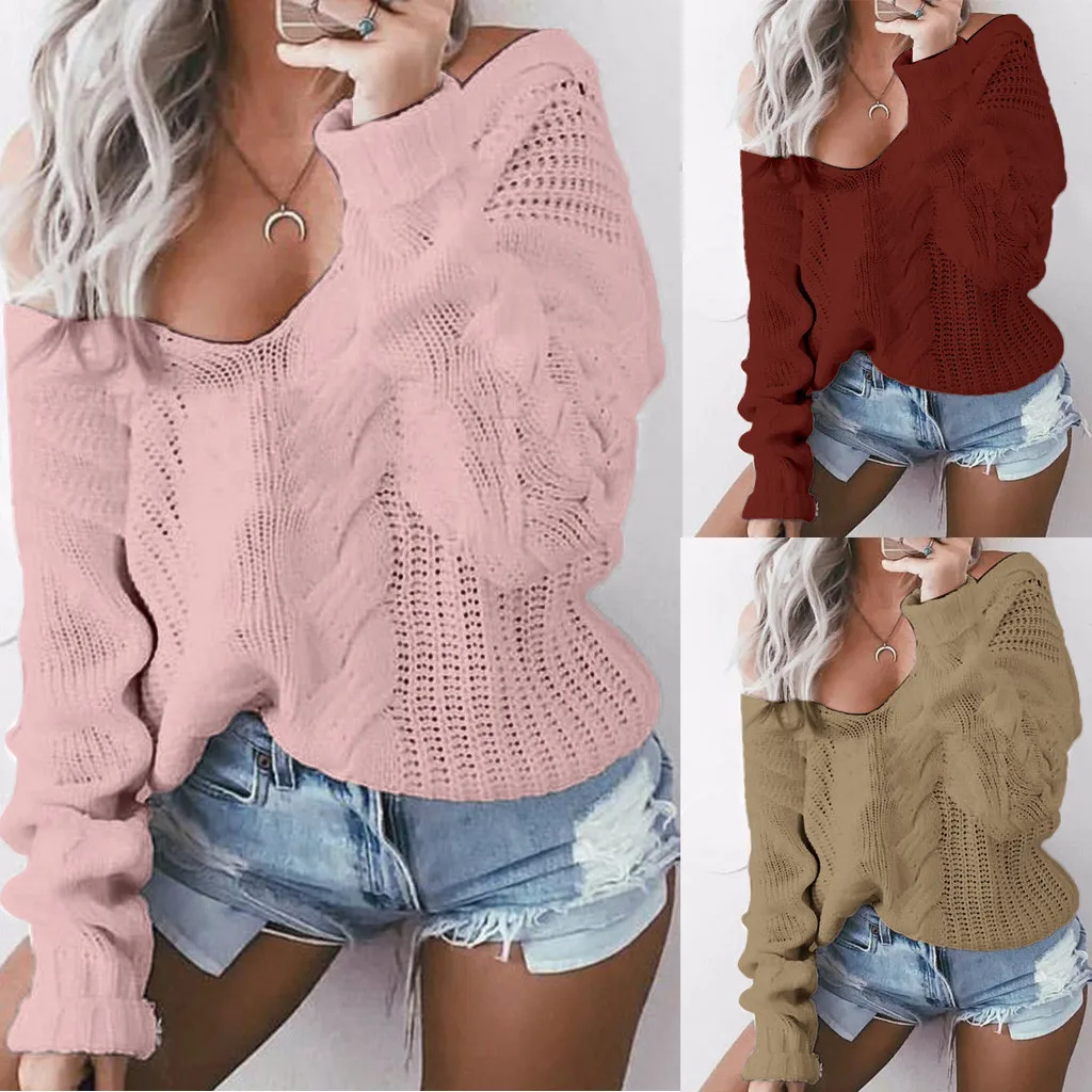 

Women Sweaters Lady V-neck Casual Solid Loose Long Sleeve Tops Slim Fit Knitted Pullover Female Autumn Winter Sexy Sweater