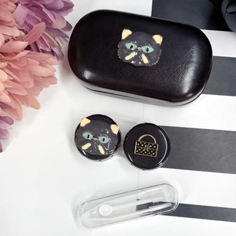 black cat lock Милый чехол для контактных линз для женщин, жесткий футляр для глаз, контейнер для линз, Набор держателей для контактных линз, чехол, аксессуары для очков - Цвет: black cat lock