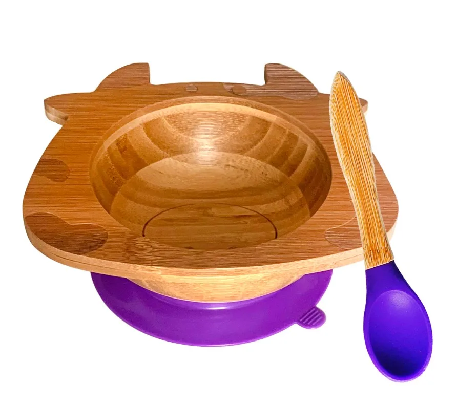 Горячая корова Смарт держать всасывания чаша, оставаться в месте, сделанный из натурального бамбука и пищевого силикона - Цвет: VioletBowl and Spoon
