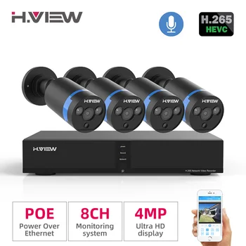 

H.View Video Surveillance poe ip camera Kit 4MP cctv camera Security System 8CH Outdoor Audio Record H.265 nvr camera Set