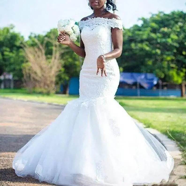 

African Off Shoulder Lace Mermaid Wedding Dresses Appliques Sweep Train Cap Sleeves Tulle Plus Size Bridal Gowns