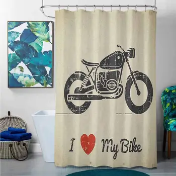 

Shower Curtains Manly,Vintage Grunge Flat Looking Motorcycle and I Love My Bike Text Silhouette, Charcoal Grey Khaki,W48 x L72