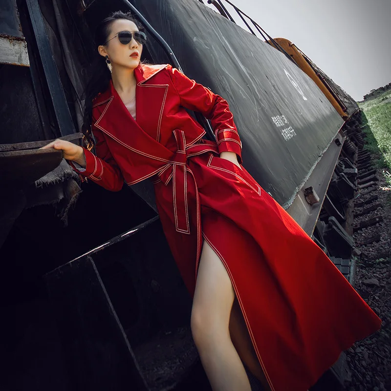 

[EWQ]England Style Long Sleeve Minimalist High Quality Long Lace Women Red Windbreaker Loose Long Trench Coat Slim Outwear QL131