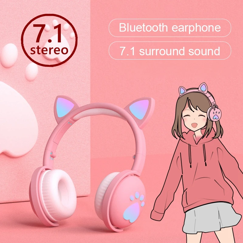 7 1 Stereo Cute Cat Bluetooth Wireless Headphone With Microphone Flashing light Noise Cancel Earphone Music Helmet Girl Kid Gift