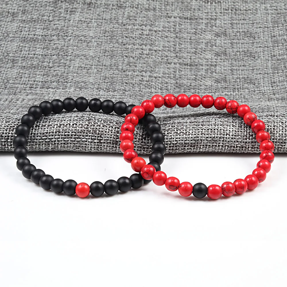 Couple Distance Bracelet Red Turquoises Black Matte Natural Stone Men Bangle 6mm Elastic Rope Beaded Bracelets for Women Jewelry
