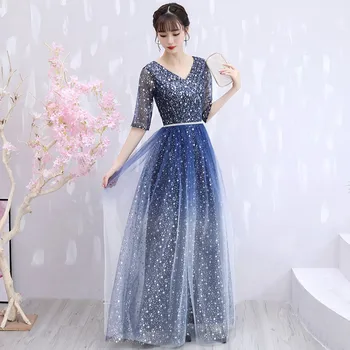 

Qipao Women Dreamy Evening Party Dress Starry Sky Banquet Dress Bling Sequins Stage Show Dress O-neck Prom Dress Large Size 5XL