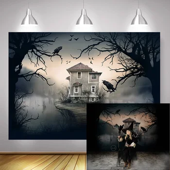 

Halloween Photography Backdrops Dark Girl Portrait Kids Birthday Artistic Photos Background Witch House Crow Old Tree Photocall