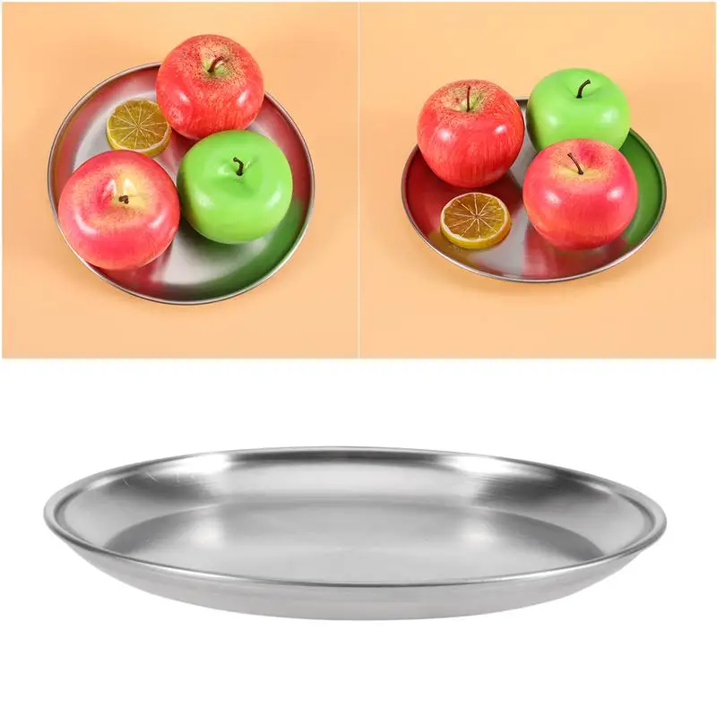 20CM 304 Stainless Steel Round Plate Korean Style Barbecue Plate Fruit Plate Flat Chassis(Silver