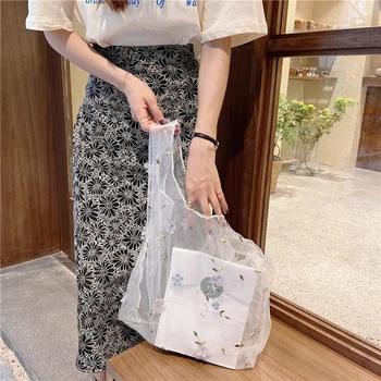 

Diysomes Shopping Bags Woman Handbags Female Flower Embroidery Hand Bag Organza Casual Tote Mesh