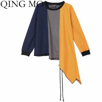 

QING MO Women Irregular Top 2020 Spring Women Patchwork Color Shirt Female Drawstring Top With Drawstring ZQY2295