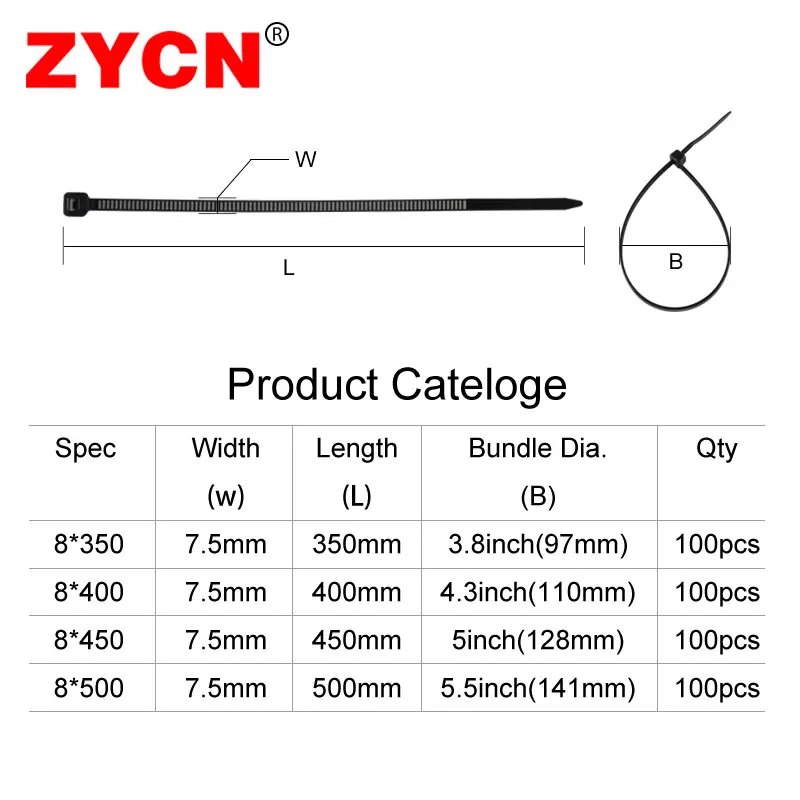 ZYCN100Pcs самозатягивающиеся нейлоновые кабельные стяжки цвета: черный; белый; промышленных поставоков крепеж Длина: 350/400/450/500 мм Ширина: 7,5 мм