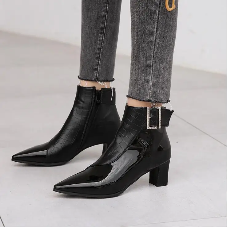 

Fashion Autumn Martin Boots Women Patent Leather Rhinestone buckle Square heel Pointed Toe Short Boots 2020 New Ankle Boots