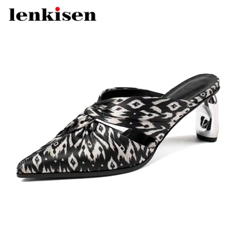 

Lenkisen new leopard high street wear superstar fashion pointed toe high strange heel mules slip on young lady women pumps L1f1