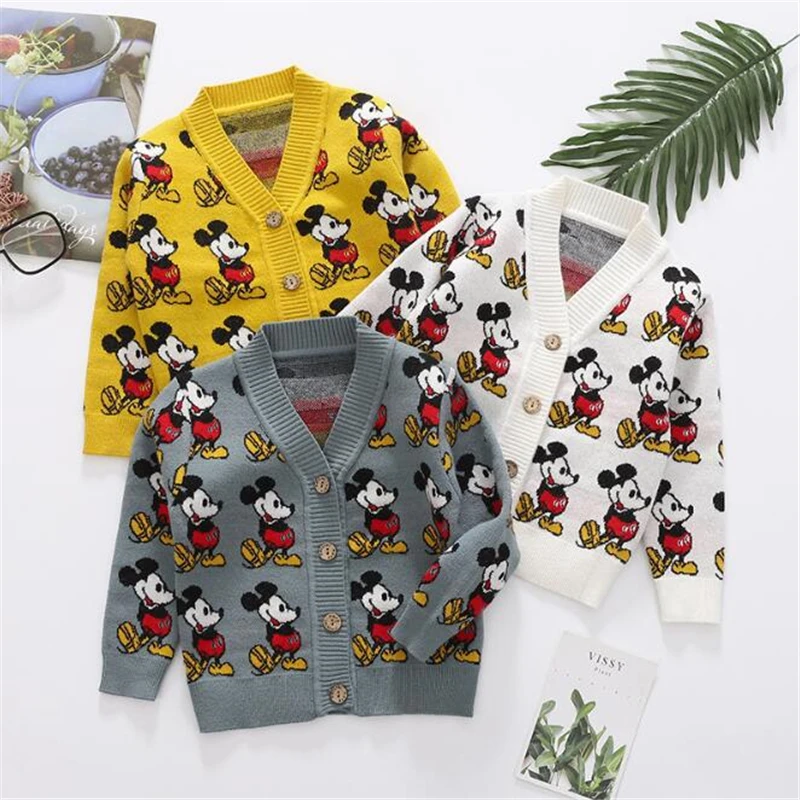Disney Baby Boys Girls Cardigan Mickey Mouse Knitted Sweater Cardigan Tops Children Long Sleeve Outfit Kids Winter Clothes Coat