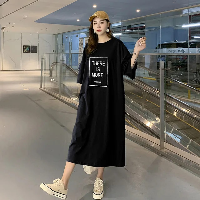 Loose T Shirt Dress Women Summer 2021 New Cotton Oversize Casual Korean  Style Midi Dresses Letters Print Long Tee Homewear|Dresses| - AliExpress