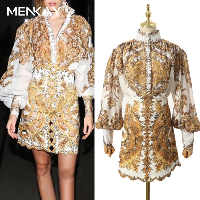 

[MENKAY] print women skirt suit Bohemian lantern long sleeve two pieces dress Casual streetwear ladies mini skirt set