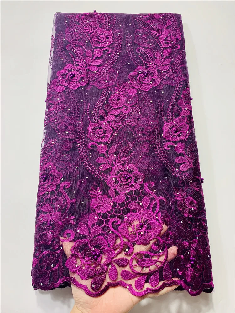 New Purple African Lace Fabric Embroidered Nigerian Guipure for Wedding High Quality French Tulle with Beads FYIN312 | Дом и сад