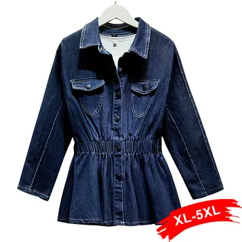 

Plus Size Women Dark Blue Long Denim Jackets Spring Autumn Vintage Empire Ruffles Jeans Jacket Casual Single-breasted Coat Tops