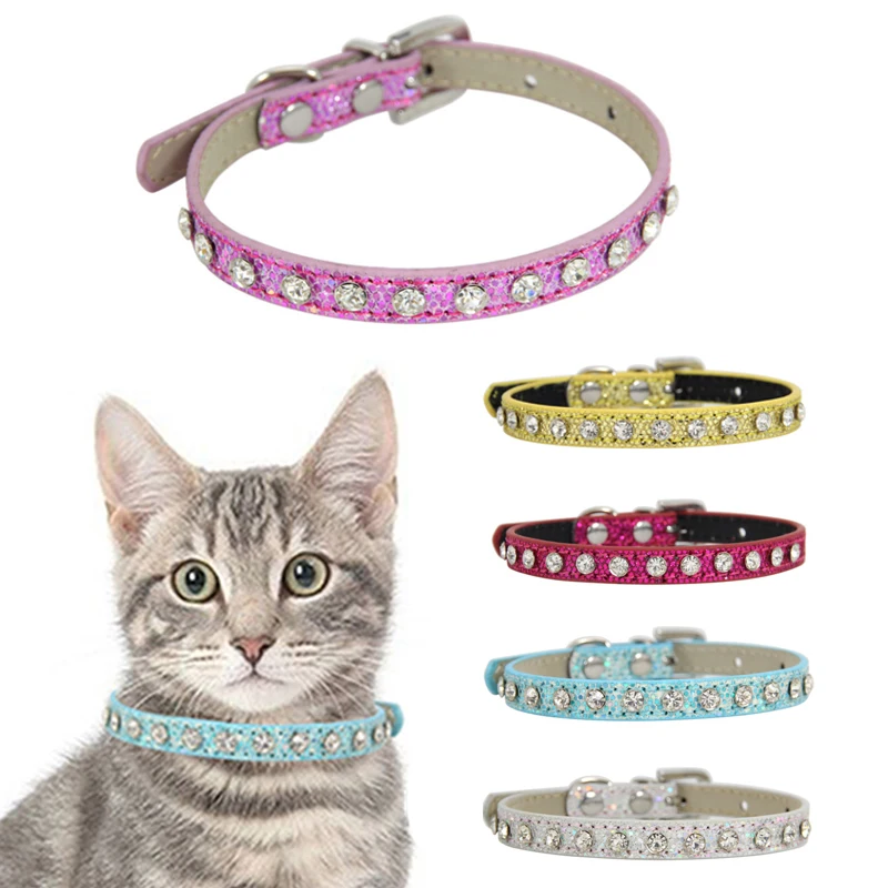 PU diamante brillante de diamantes de imitación, Collar de gato de cuero collares para perro cachorro de moda lindo Collar de perro Correa gatito accesorios de productos para mascotas
