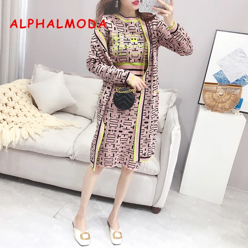 ALPHALMODA/ г. Осенне-зимняя женская трикотажная длинная куртка с геометрическим узором+ свитер+ юбка-карандаш модный костюм из 3 предметов