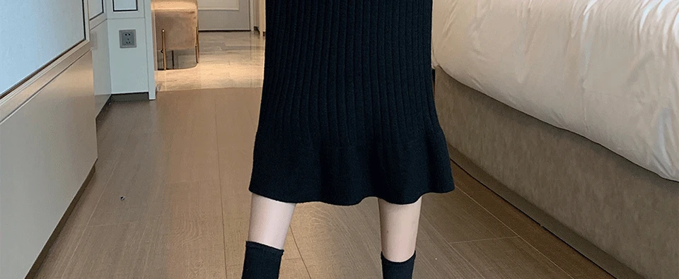 ILARES юбка, юбки, Женская длинная юбка, Женская юбка миди, Зимняя шерстяная Черная вязанная полосатая одежда, сексуальная юбка с высокой талией, облегающая бедра