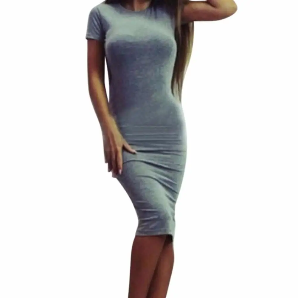 

2019 Autumn Women's Bodycon Fitted Dress Short Sleeve Solid Color Crew Neck for Sexy Lady