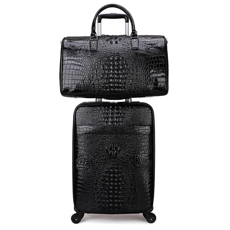 GraspDream New Men Crocodile head layer cowhide luggage sets cabin travel bags on wheels business trolley suitcase with handbag