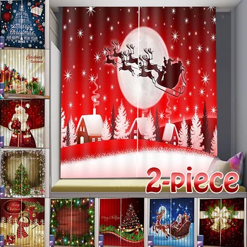 

2020 Christmas 2pcs 3D Blackout Curtain Decoration For Home Livingroom Bedroom Old Santa Claus Christmas Tree Fast Shipping