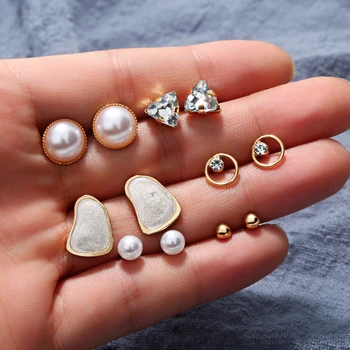 

6 Pairs BOHO Ear Studs Set Triangle Irregular Stone Charm Tiny Cute Mixed Simple Ear Piercing Jewelry Gift for Women Girls