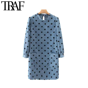 

TRAF Women Vintage Elegant Polka Dot Pockets Corduroy Mini Dress Fashion O Neck Long Sleeve Female Dresses Casual Vestidos Mujer