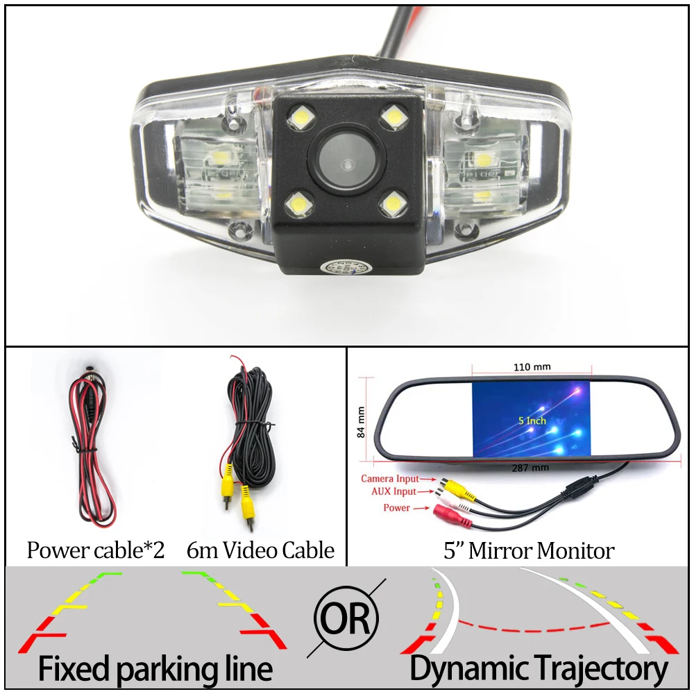 Камера заднего вида CCD с фиксированной или динамической траектории для Honda Accord 2001-2010/City-/Civic 2012~ автомобильная парковочная камера - Название цвета: 4LED N 5 inch Mirror