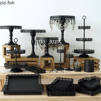

Black Dessert Table Props Matte Black Desert Shelf Wedding Tray Lace Edge Discus Cake Cake Tray Snack Tray,