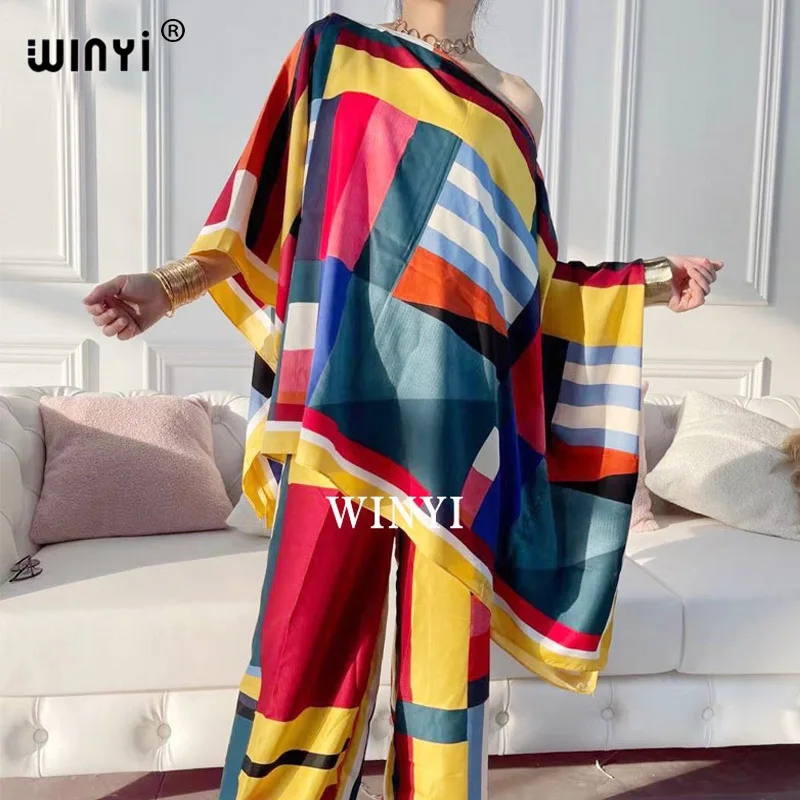 2021 New Fashion Africa two-piece suit Boho Printed Over Size Traf Robe Kimonno Dress Women Elastic Silk Floor Length Caftan