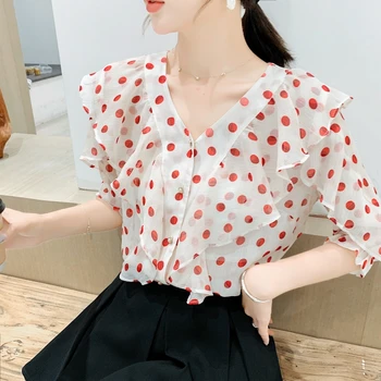 

Vadiming Official Store Plus Size Women Shirt Korean Sheer Tops See-through Butterfly Sleeve Button Women Blouse Female Blusas