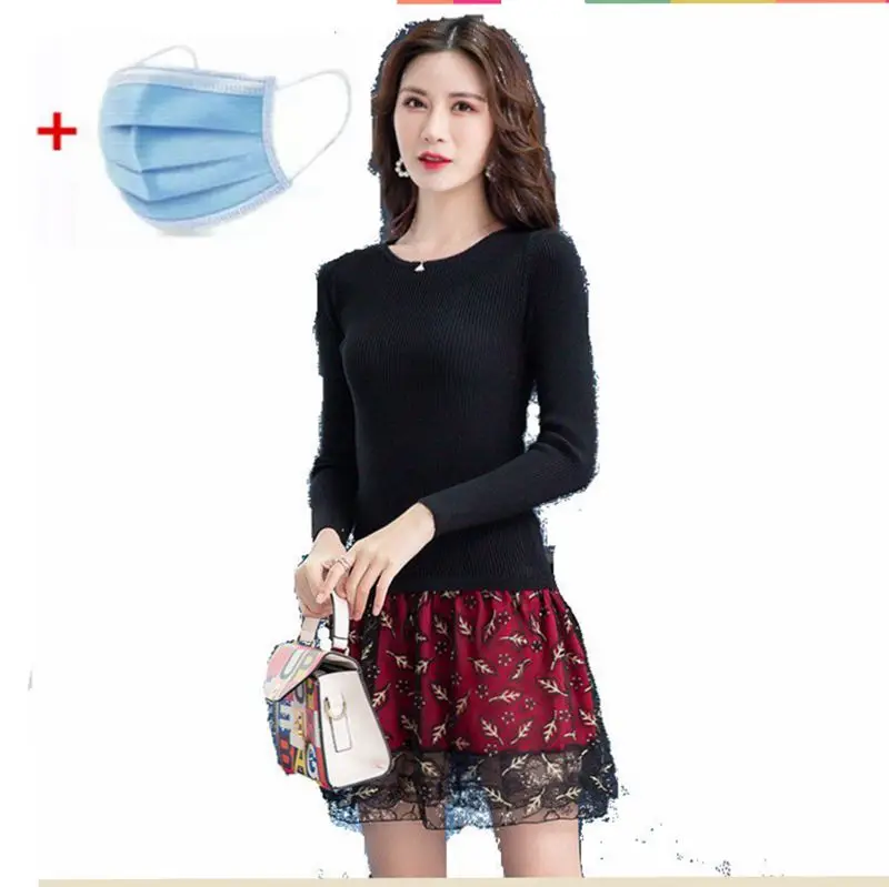 2019 autumn and winter dress plus size loose knitted sweater dresses Lace elegant Bud silk joining printing christmas | Женская одежда